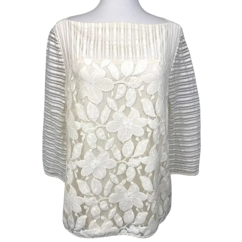 Tory Burch Cream Lace Front Boat Neck Top Sheer Stripe Sleeves 3/4 Sleeve Small